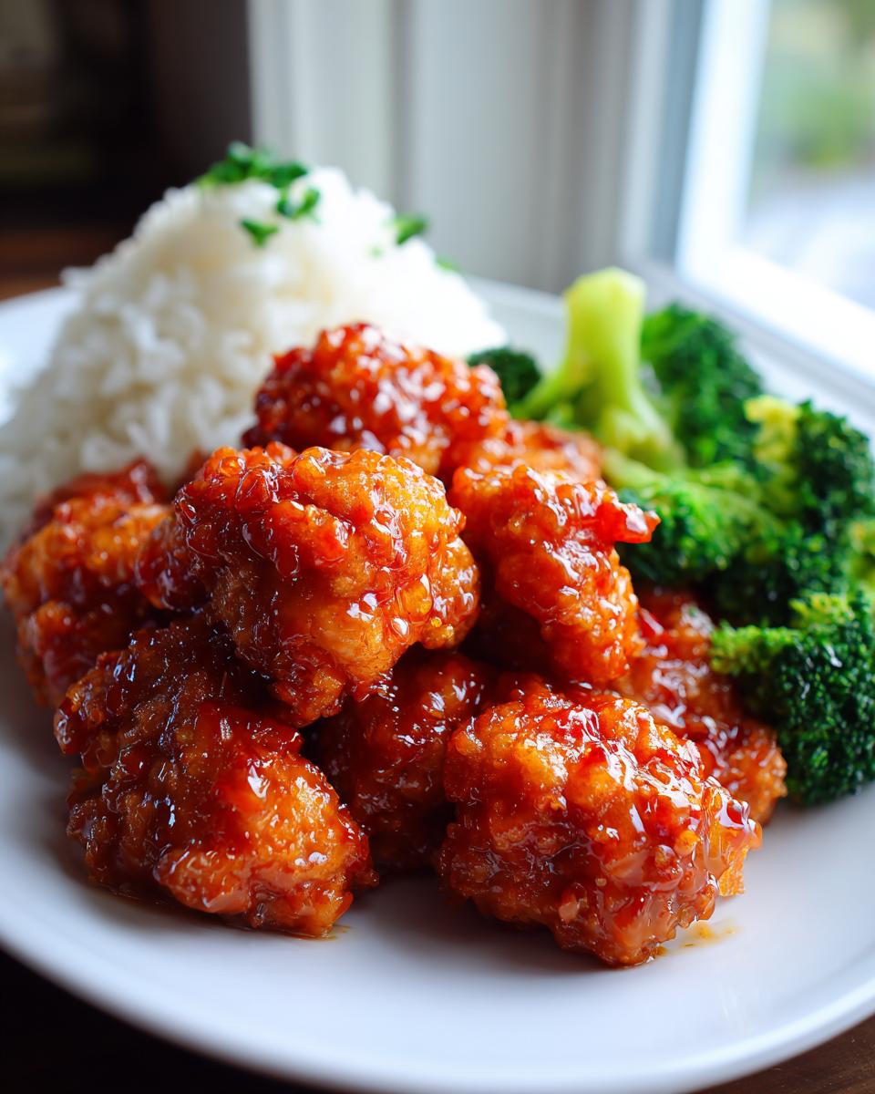 Close-up of crispy, glazed orange chicken recipe served with white rice and steamed broccoli on a white plate.