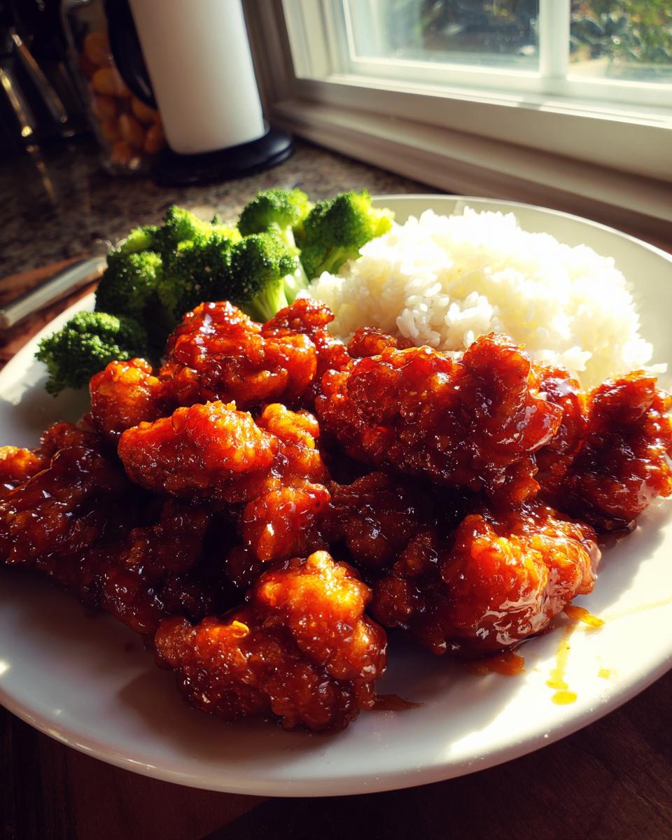 Plate of crispy, glazed orange chicken recipe served with steamed white rice and bright green broccoli florets.