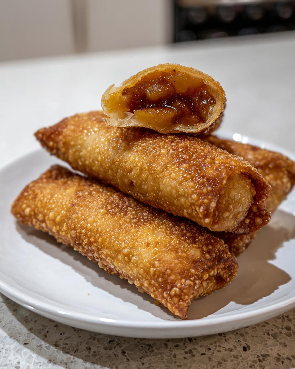 A stack of golden brown, crispy peach cobbler egg rolls, with one cut open revealing the warm, spiced peach filling.