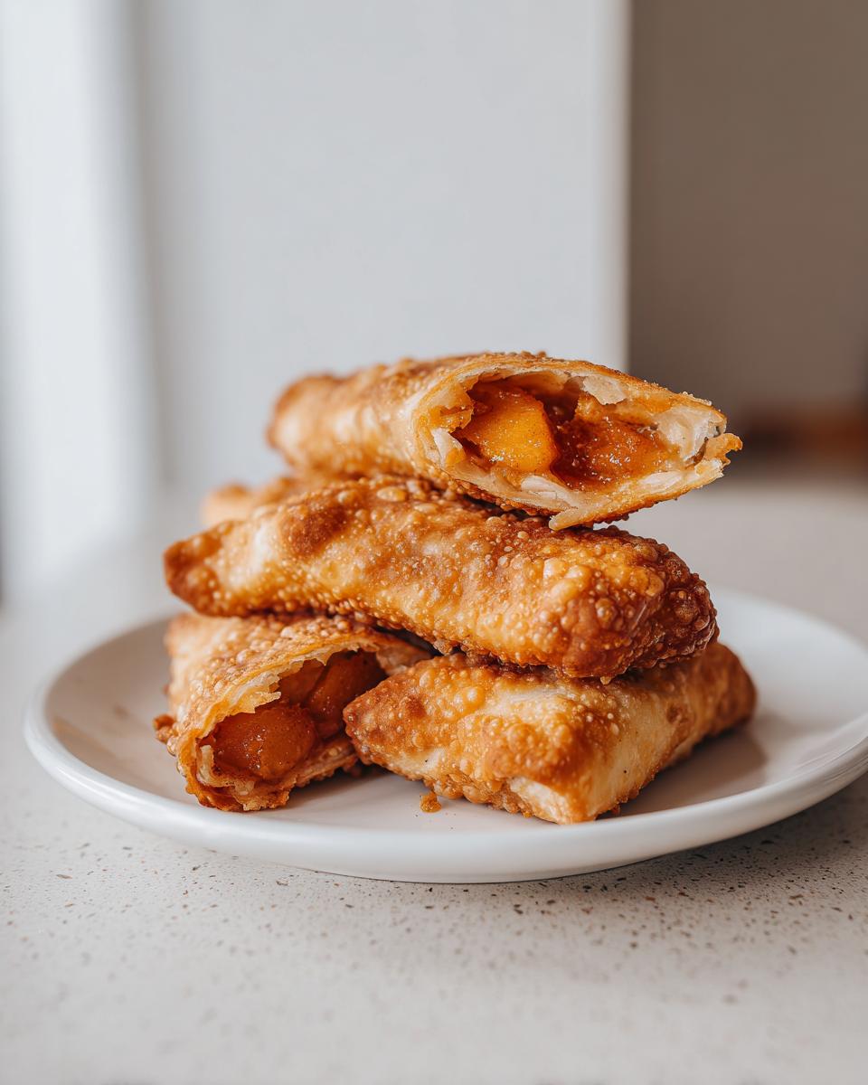 A stack of crispy, golden-brown peach cobbler egg rolls, with one cut open showing the warm peach filling.