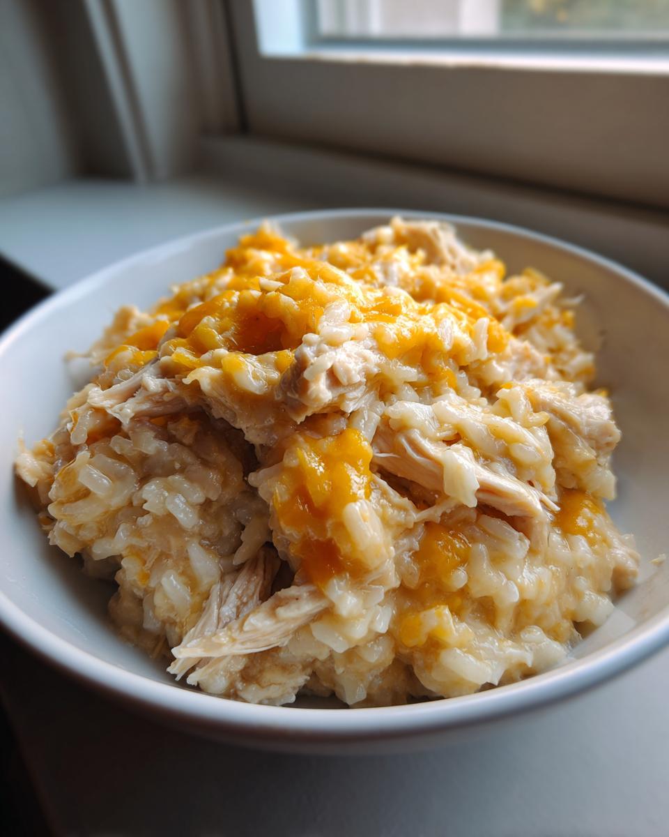 A close-up of a bowl filled with creamy crock pot chicken and rice topped with melted orange cheddar cheese.