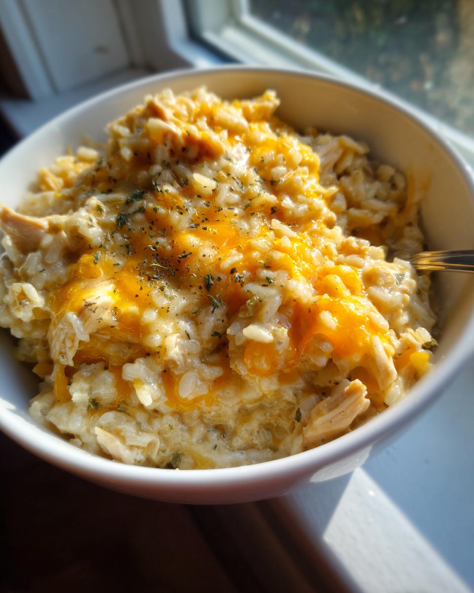 A close-up of a white bowl filled with creamy crock pot chicken and rice, topped with melted cheddar cheese and herbs.