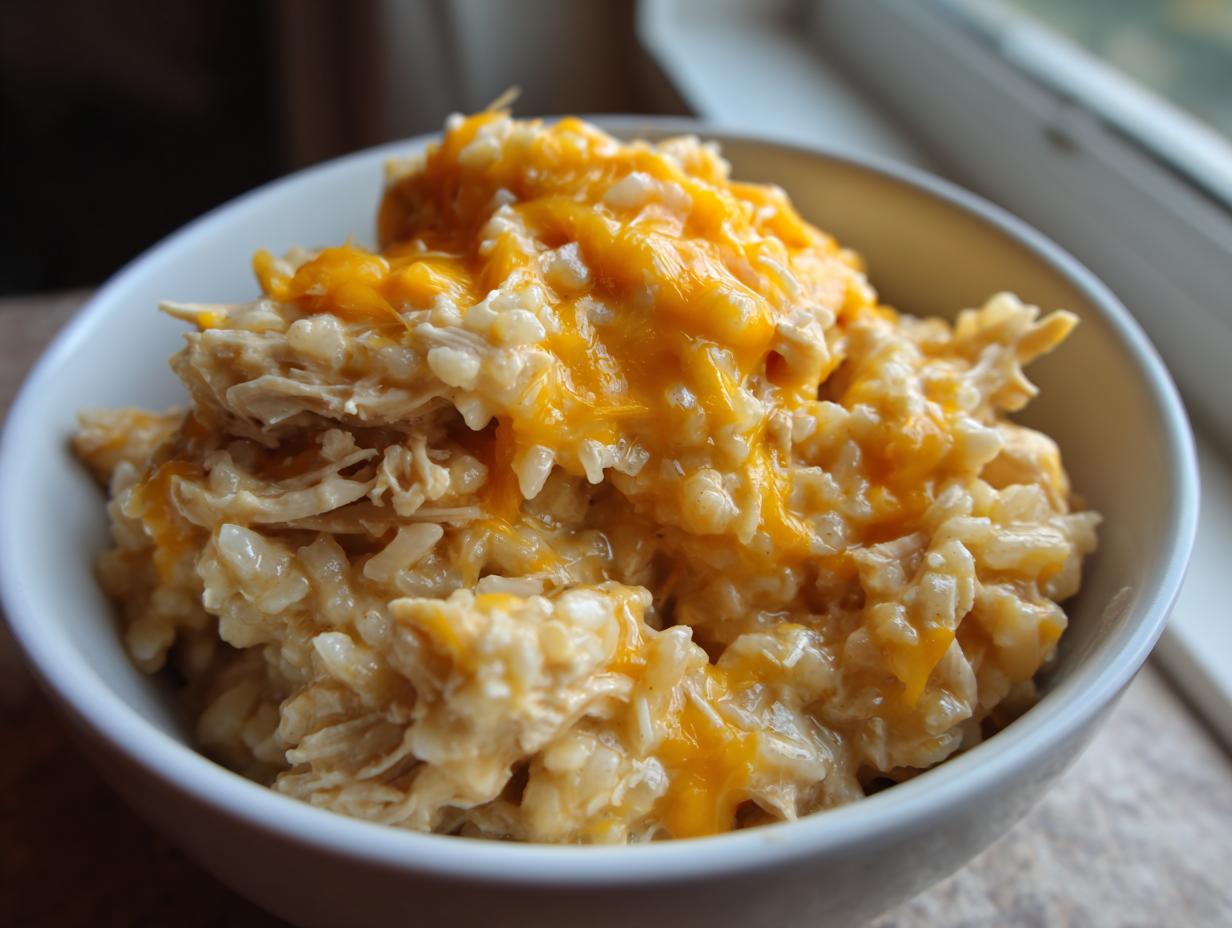 A close-up of a white bowl filled with creamy crock pot chicken and rice, topped with melted cheddar cheese.