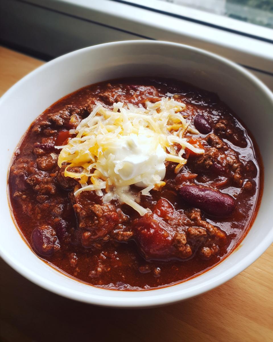 Close-up of a rich, dark red crockpot chili topped with shredded cheese and a dollop of sour cream.