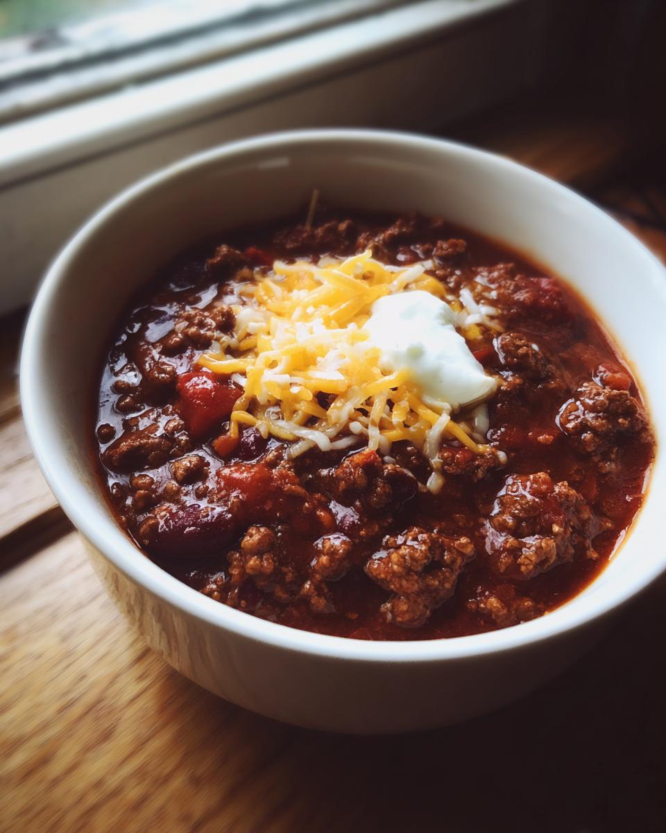 A close-up of a white bowl filled with rich, meaty crockpot chili topped with shredded cheddar cheese and a dollop of sour cream.