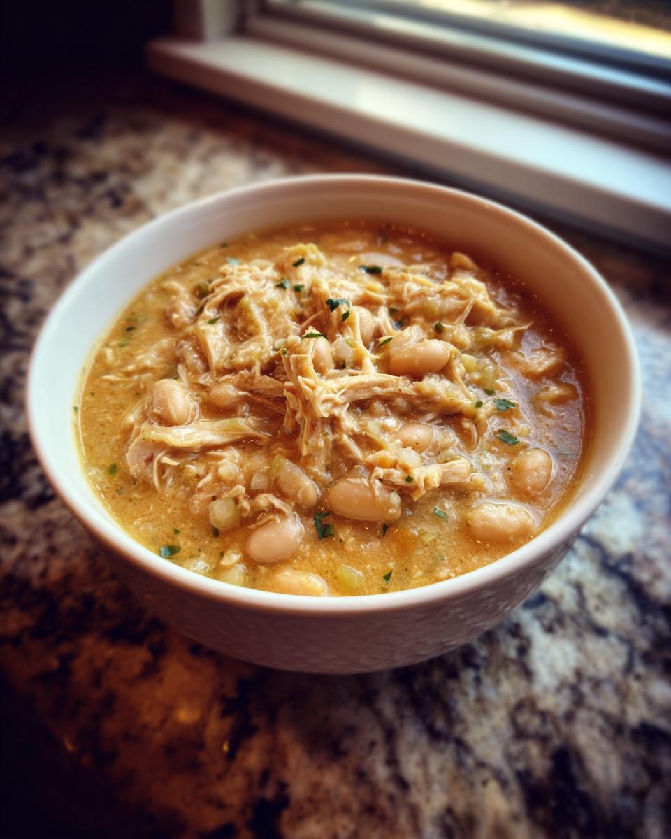 A close-up of a white bowl filled with creamy crockpot white chicken chili, featuring shredded chicken and white beans.