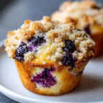 A close-up shot of a golden brown blueberry muffin topped with a generous layer of sugary streusel crumb topping.