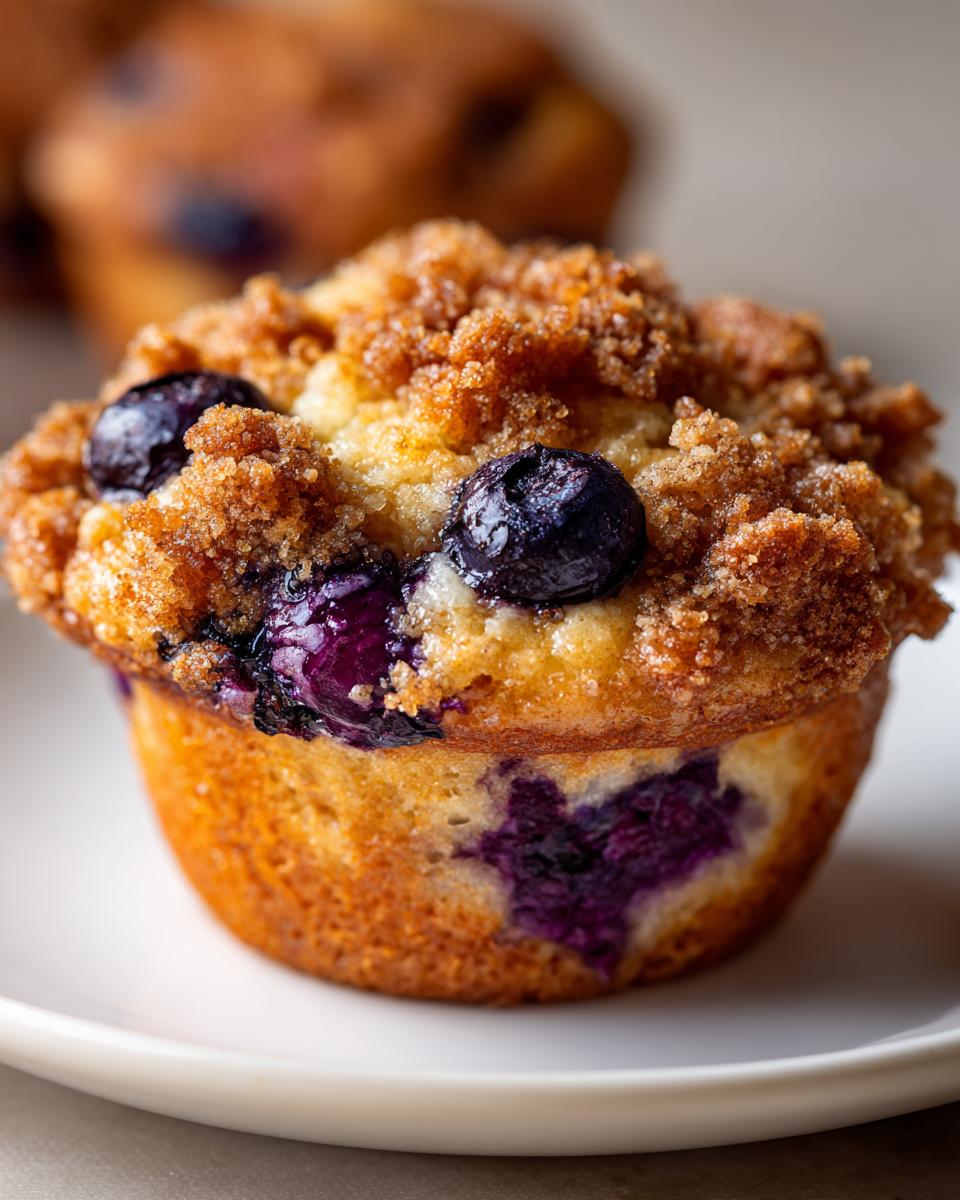 A close-up of a golden brown blueberry muffin topped with a generous layer of brown sugar streusel topping.