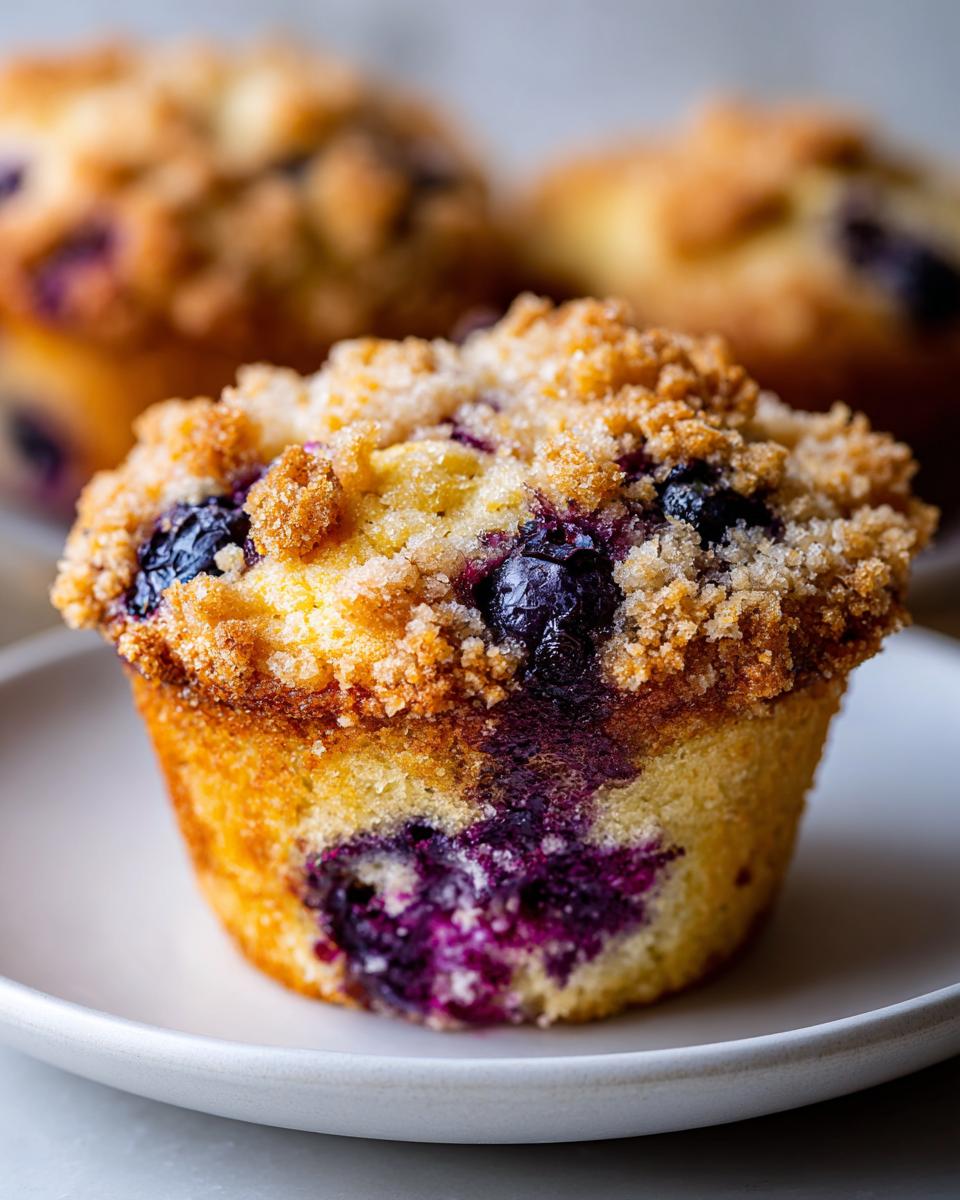 A close-up of a moist blueberry muffin topped with golden streusel, showing vibrant purple blueberries inside.
