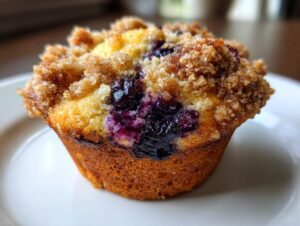 A close-up, appetizing shot of a golden brown blueberry muffin topped with sugary streusel.