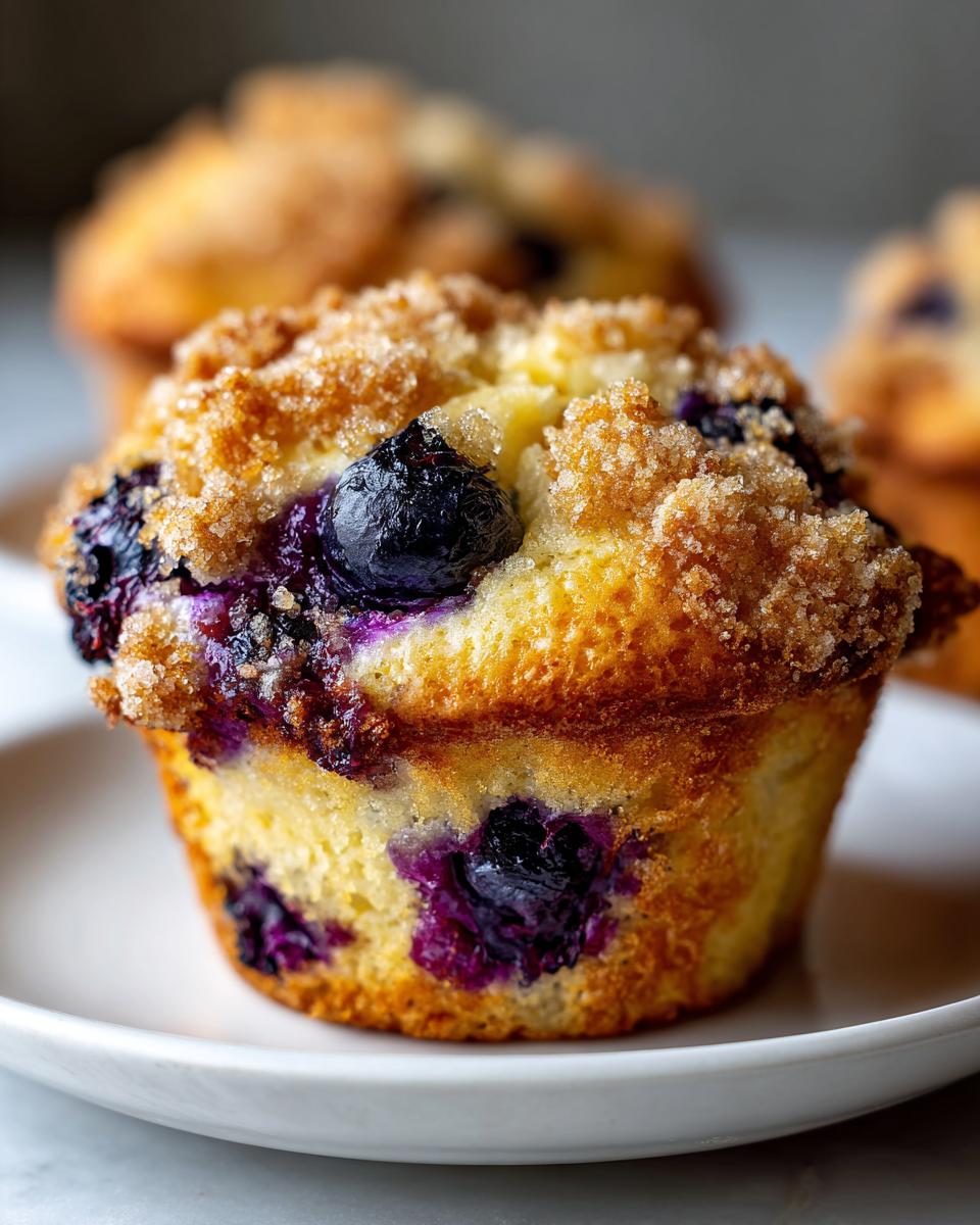 A close-up of a golden-brown blueberry muffin topped with crunchy brown sugar streusel.