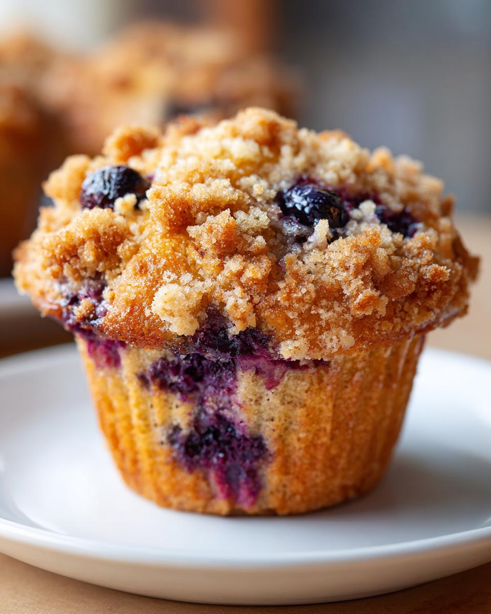 A close-up of a golden brown blueberry muffin topped with crunchy streusel, showing burst blueberries inside.