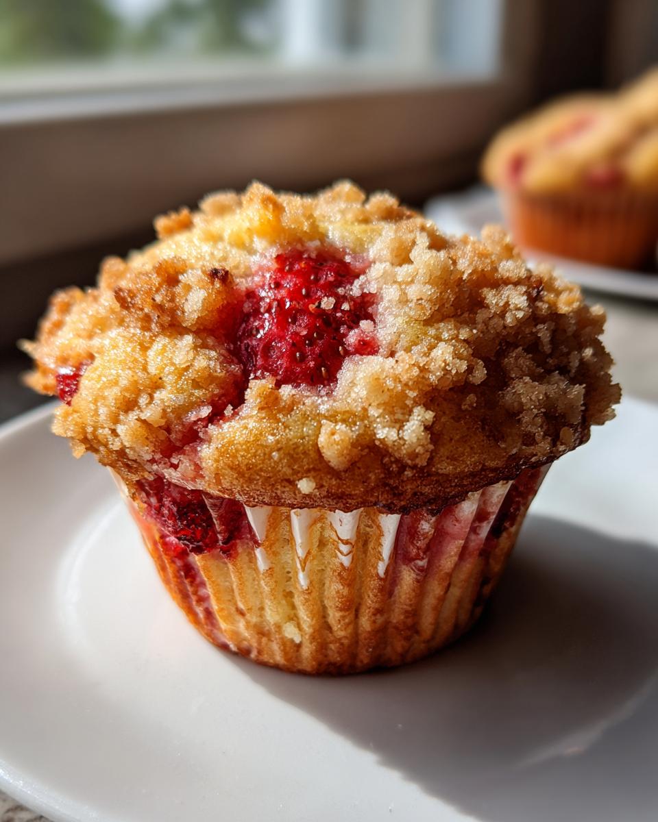 A close-up of a golden brown, crumb-topped strawberry muffin sitting on a white plate in bright sunlight.
