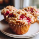 A close-up of a delicious strawberry muffin with a golden crumb topping, featuring visible pieces of bright red strawberry.