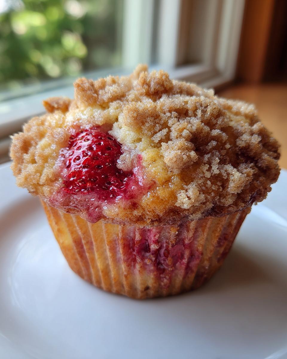 A single, golden-brown strawberry muffins with a rich brown sugar crumble topping and visible baked strawberry.