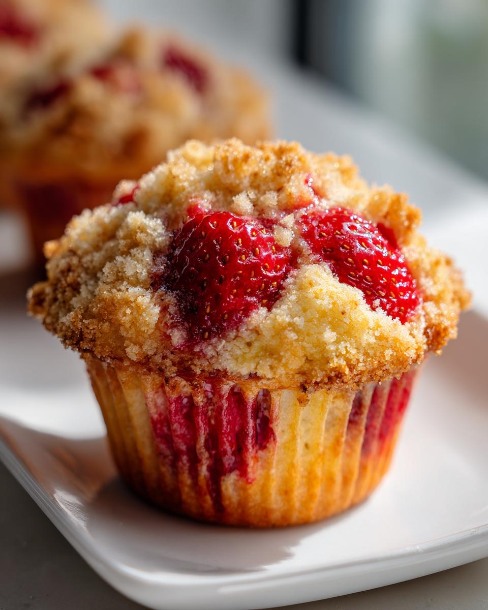 A close-up of a freshly baked strawberry muffins topped with a golden crumb topping and bright red strawberries.