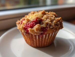 A single, golden-brown strawberry muffin with a thick, sugary crumb topping and visible baked strawberries, sitting on a white plate.