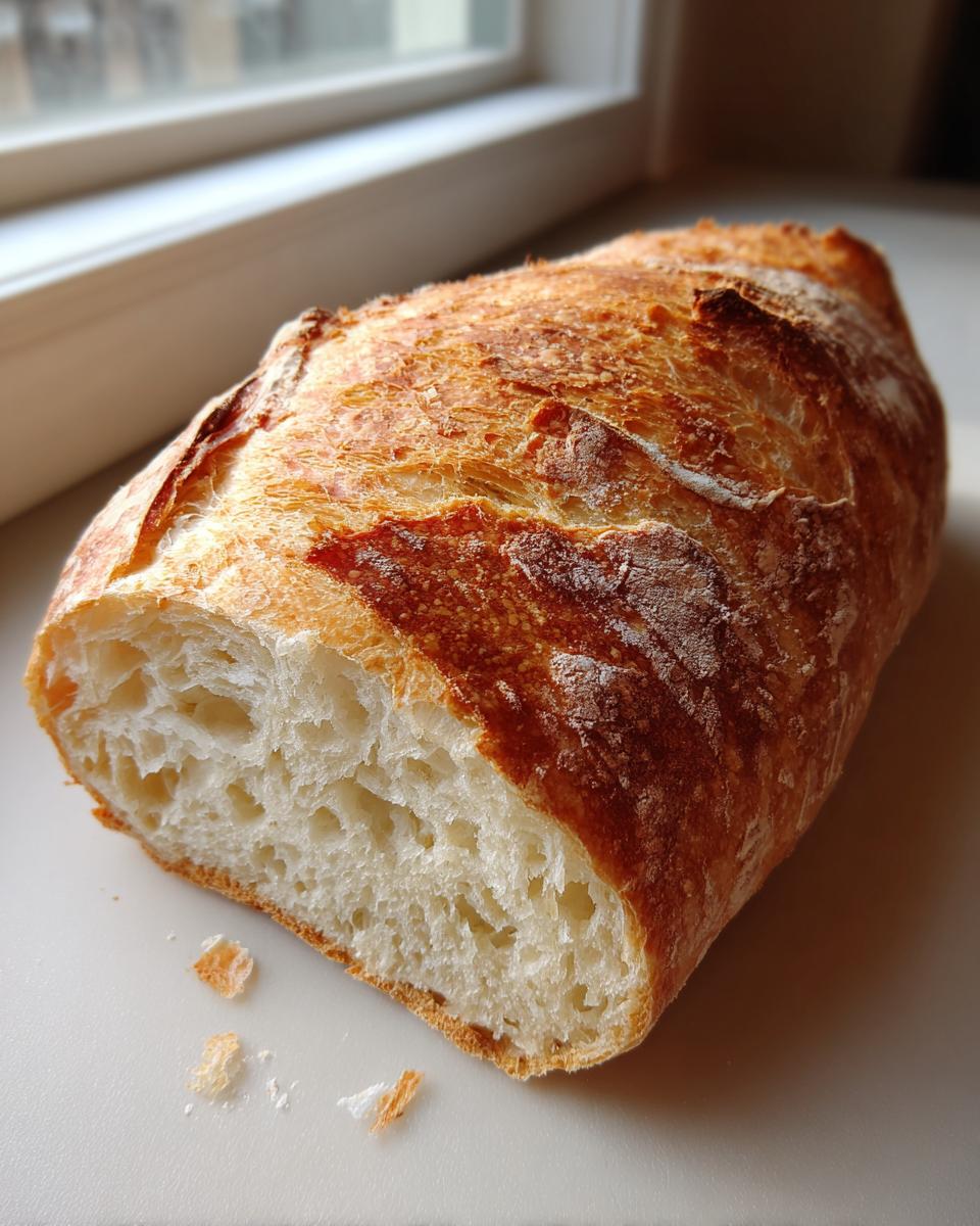 Close-up of a freshly baked french bread loaf showing its crispy, golden crust and airy, open crumb structure.