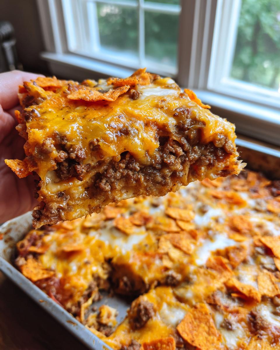 A hand lifts a cheesy, meaty slice of Dorito Casserole topped with melted cheddar and crushed chips.