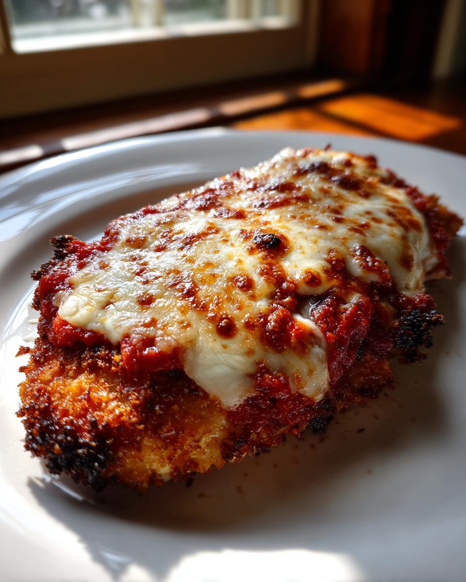 Close-up of a perfectly cooked, crispy Easy Chicken Parmesan topped with bubbling marinara sauce and melted mozzarella cheese.