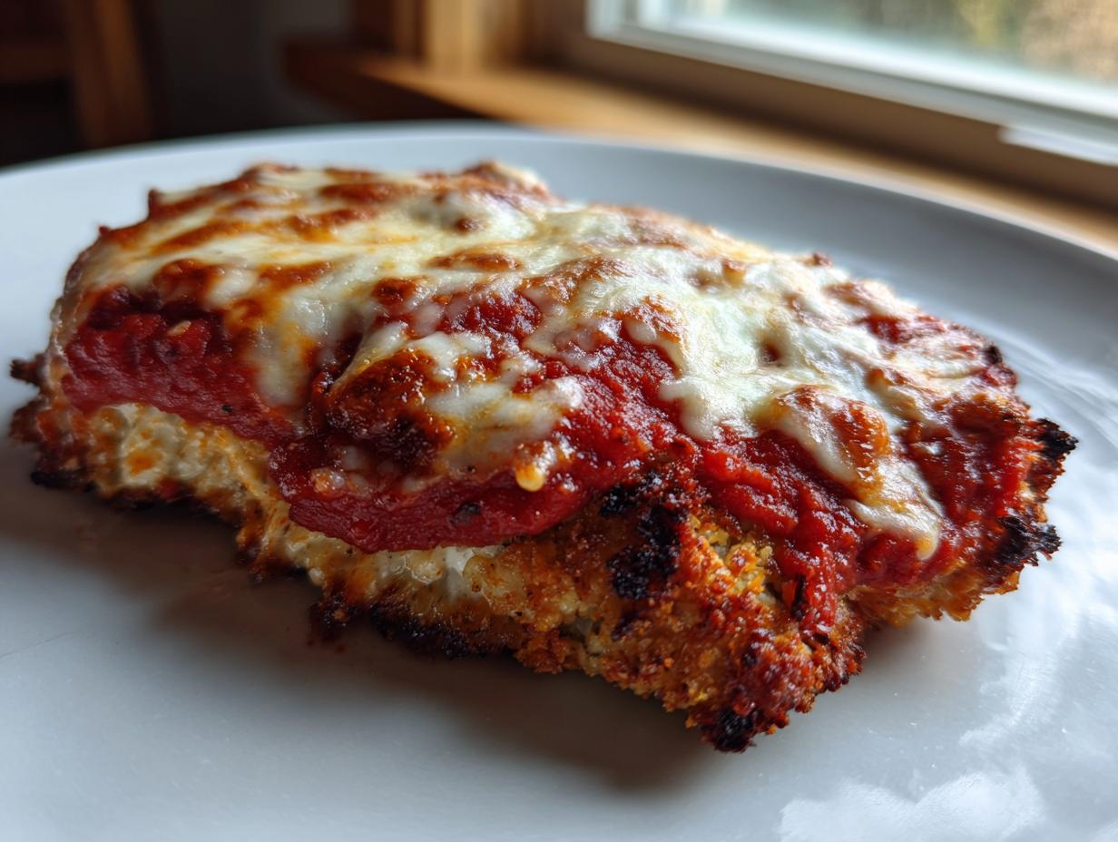 Close-up of a perfectly baked piece of Easy Chicken Parmesan topped with melted mozzarella and rich tomato sauce.