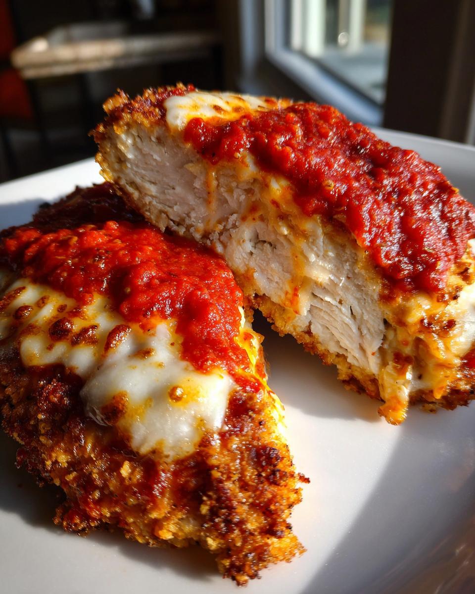 Close-up of Easy Chicken Parmesan cut in half, showing crispy breading, white chicken breast, melted mozzarella, and bright red marinara sauce.