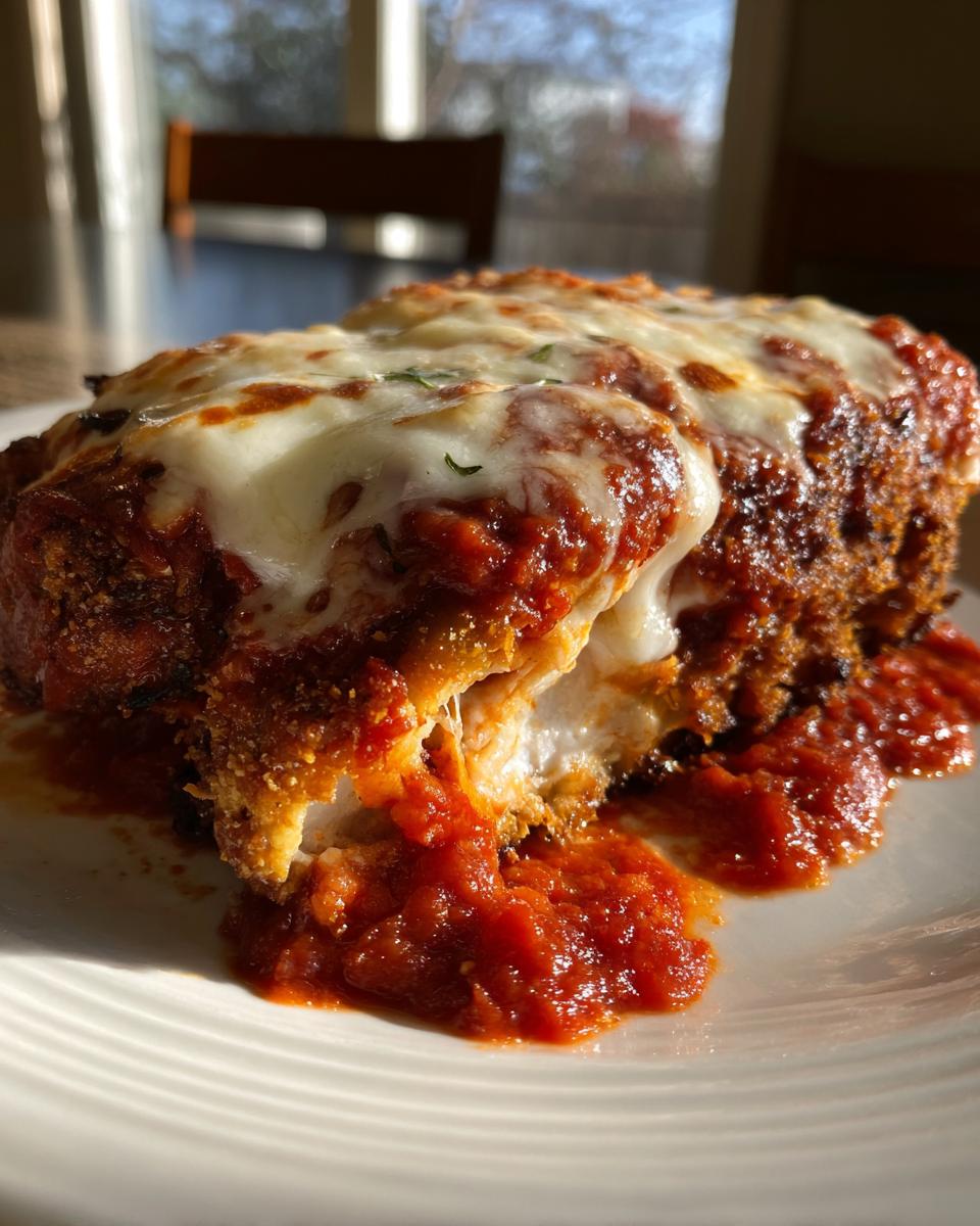 Close-up of a serving of Easy Chicken Parmesan showing melted mozzarella cheese, rich tomato sauce, and crispy breading.
