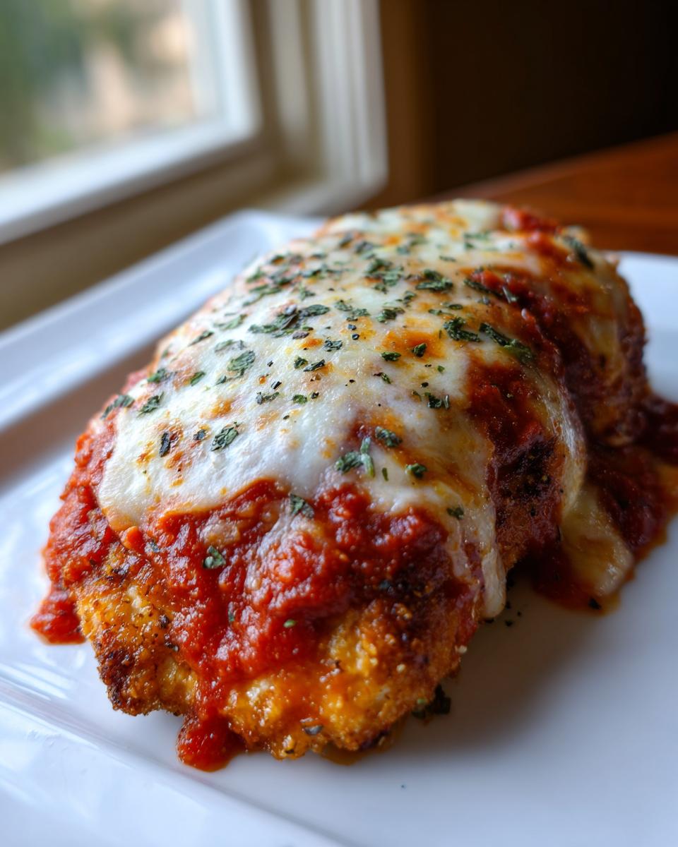 A close-up of a perfectly cooked piece of Easy Chicken Parmesan topped with melted mozzarella and marinara sauce.