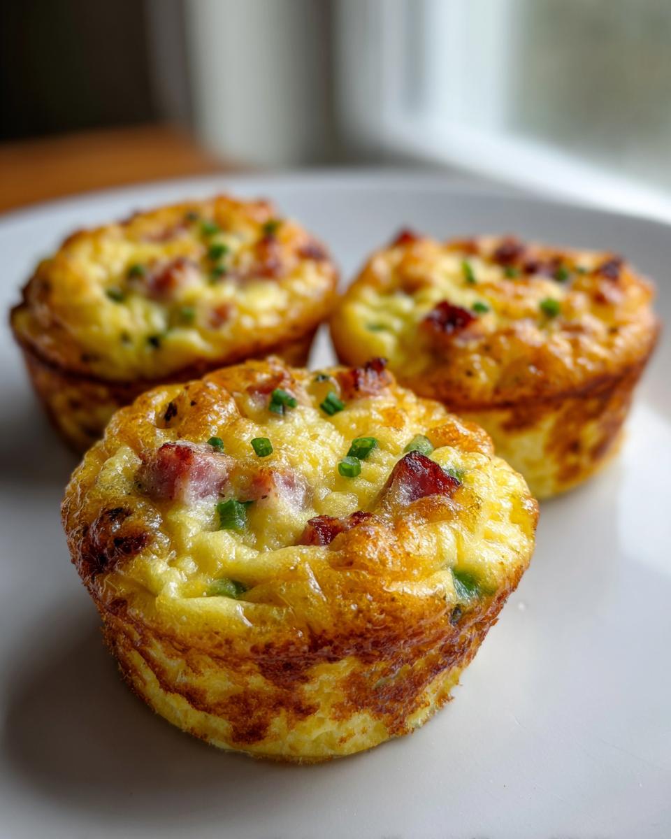 Close-up of three golden brown Egg Muffin Cups topped with bacon bits and chives on a white plate.