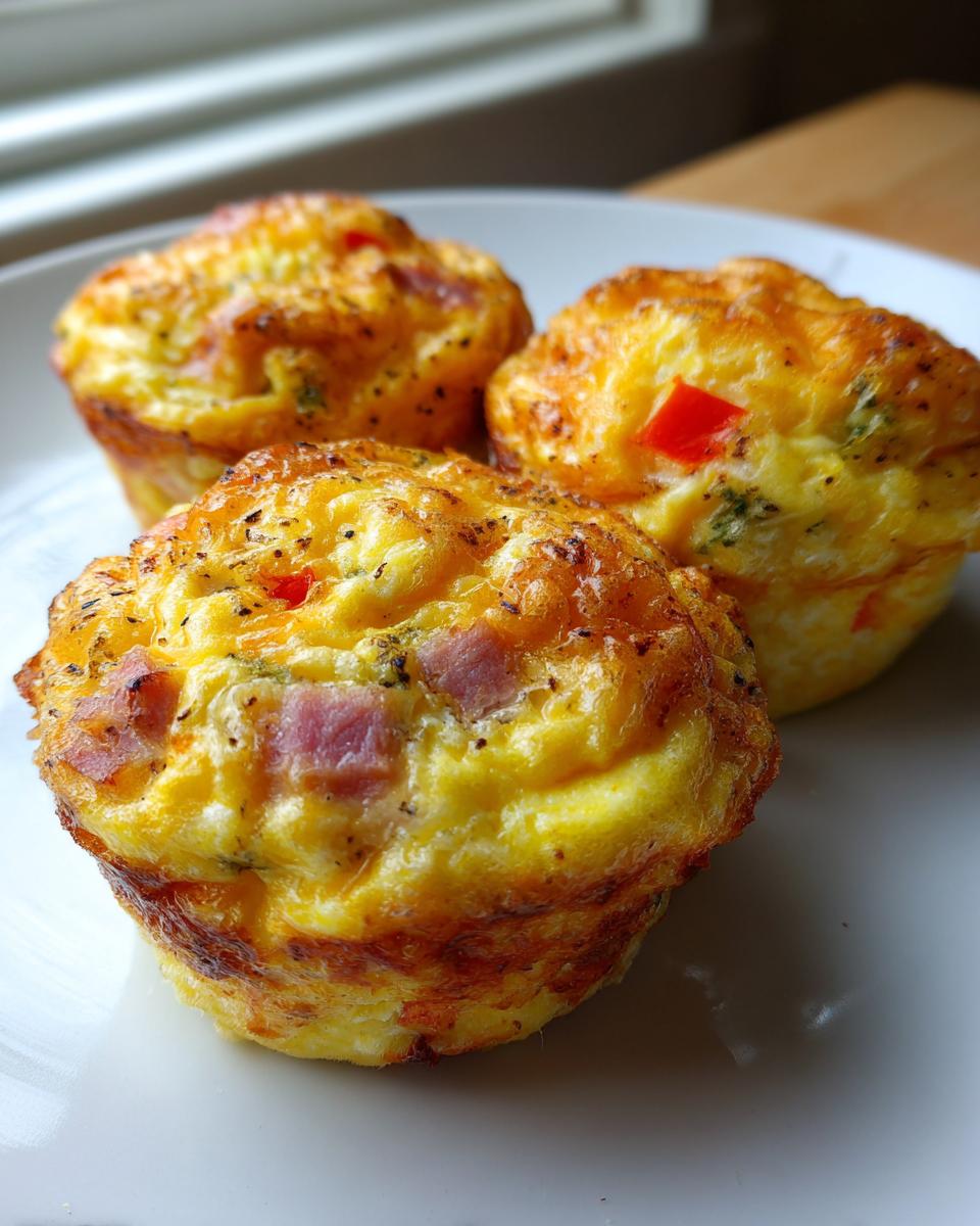 Close-up of three golden-brown Egg Muffin Cups filled with ham, red pepper, and seasonings on a white plate.