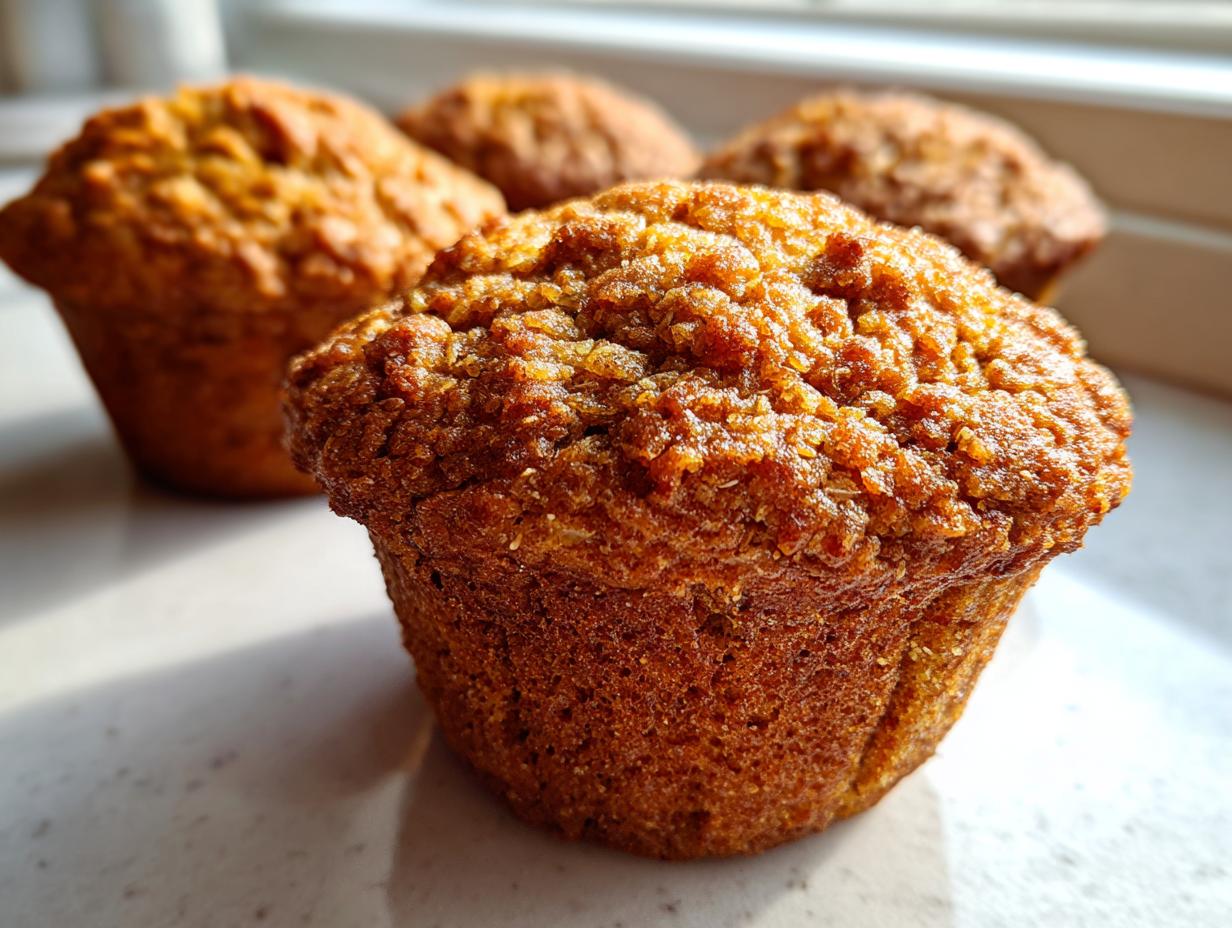 A close-up, featured image of a freshly baked honey bran muffin with a textured, golden-brown top, with others blurred in the background.