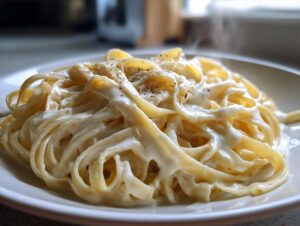 Close-up of fettuccine pasta generously coated in creamy homemade alfredo sauce and sprinkled with black pepper.