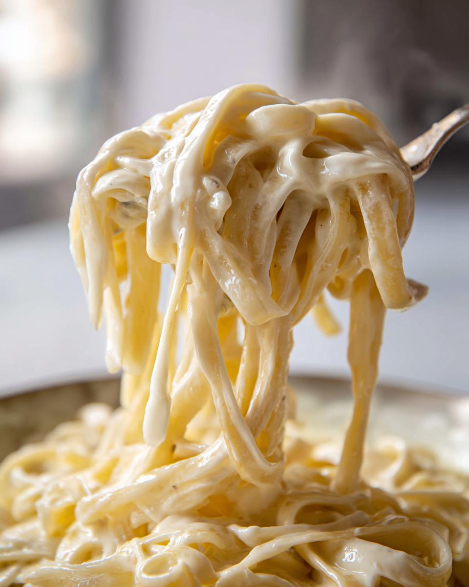 Close-up of fettuccine pasta being lifted by a fork, heavily coated in rich, creamy homemade alfredo sauce.