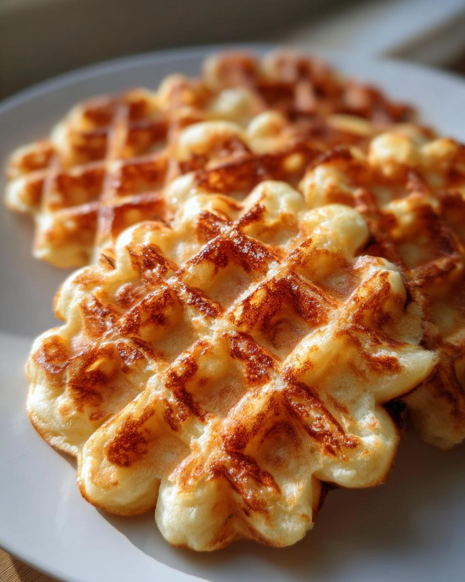 Close-up of golden brown, flower-shaped high protein waffles stacked on a white plate, slightly blurred background.