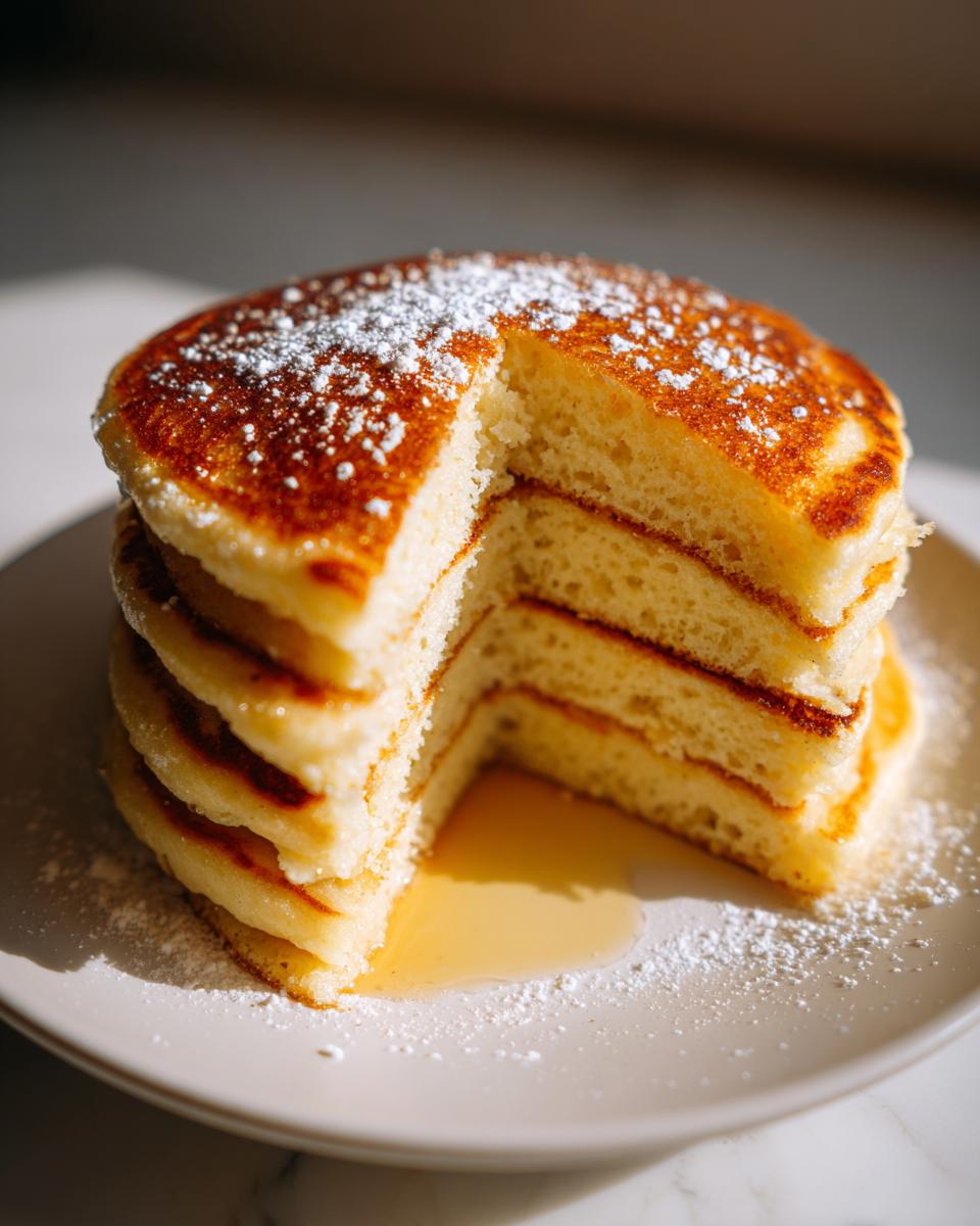 A tall stack of fluffy almond flour pancakes, cut to show the interior texture, drizzled with syrup and dusted with powdered sugar.