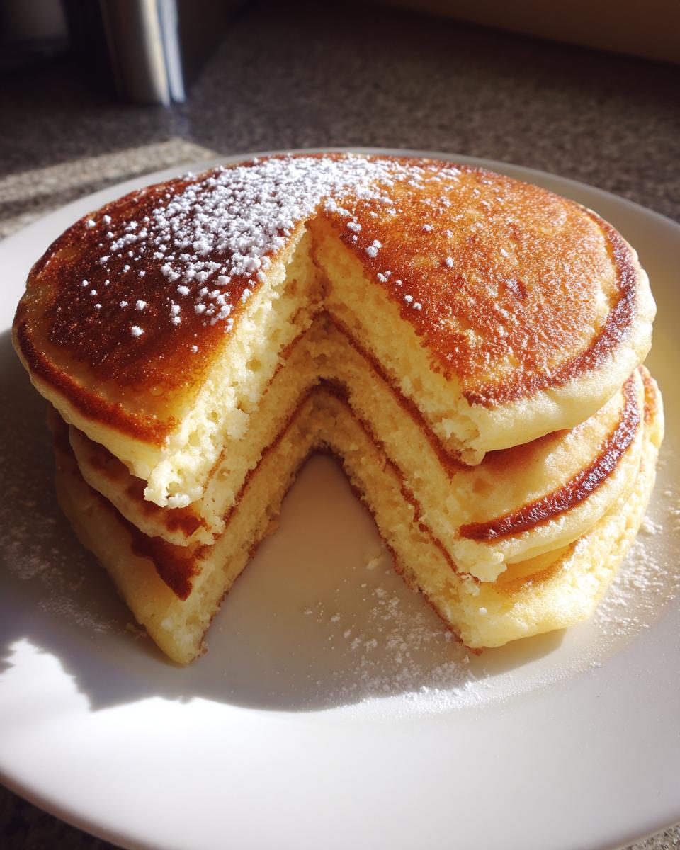 A tall stack of fluffy almond flour pancakes with a slice removed, dusted with powdered sugar.