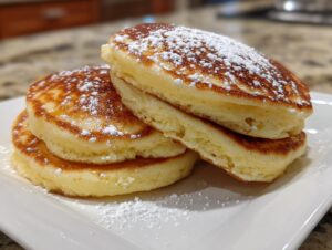 A stack of three fluffy almond flour pancakes dusted generously with powdered sugar on a white plate.