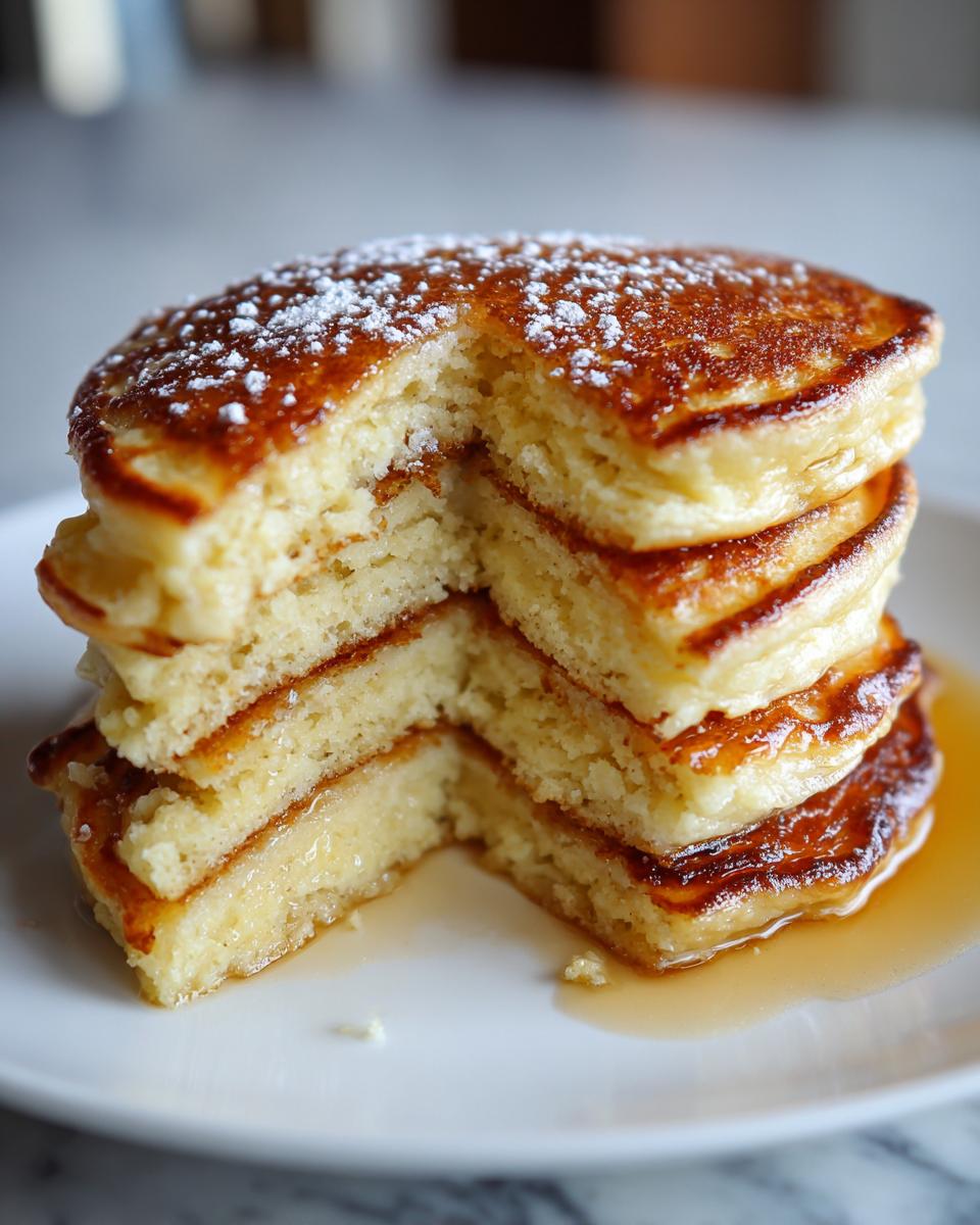 A tall stack of fluffy almond flour pancakes, cut to show the interior texture, drizzled with syrup and dusted with powdered sugar.