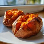 Two perfectly baked sweet potatoes, split open to show the fluffy orange interior, seasoned with pepper.