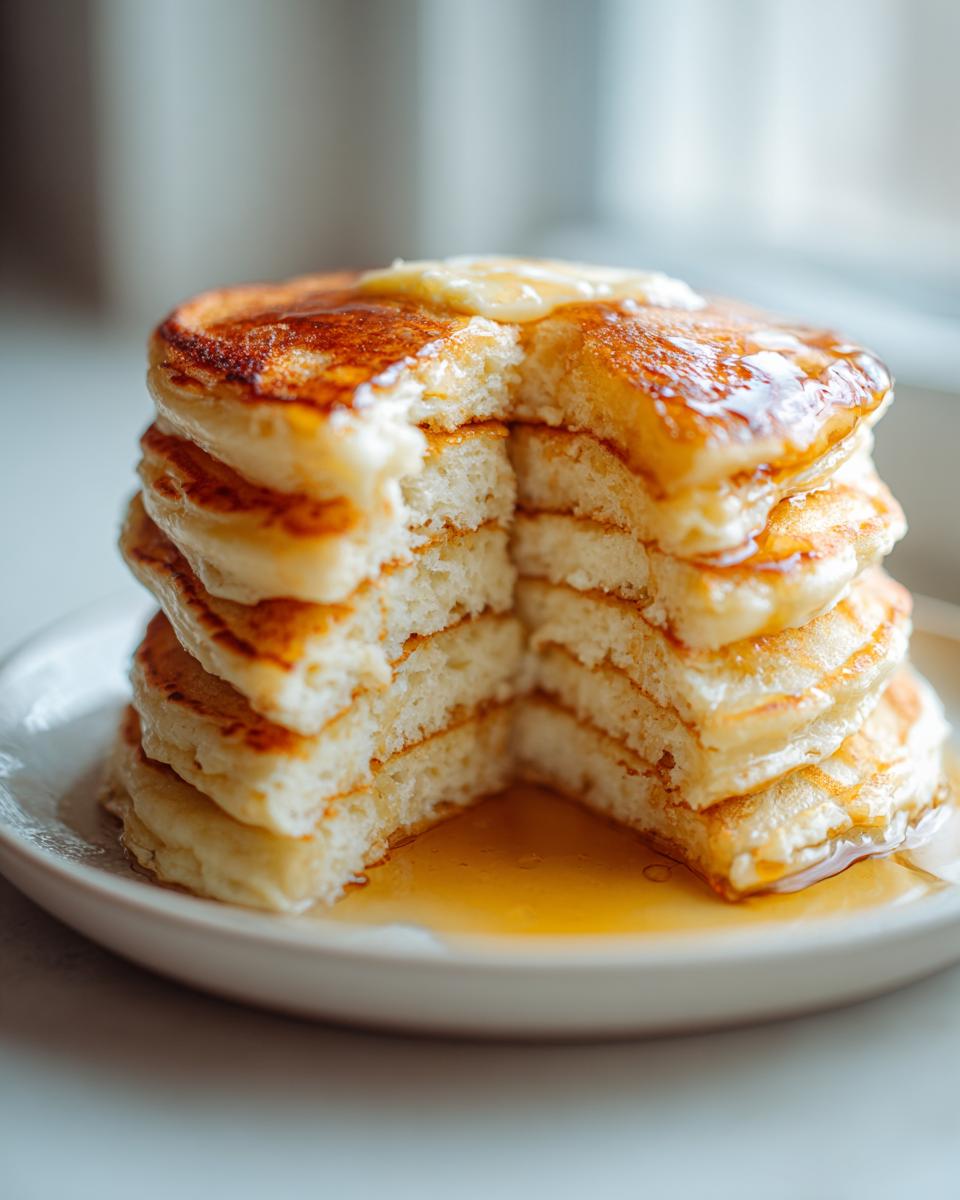 A tall stack of fluffy greek yogurt pancakes, cut to show the airy interior, topped with melting butter and syrup.