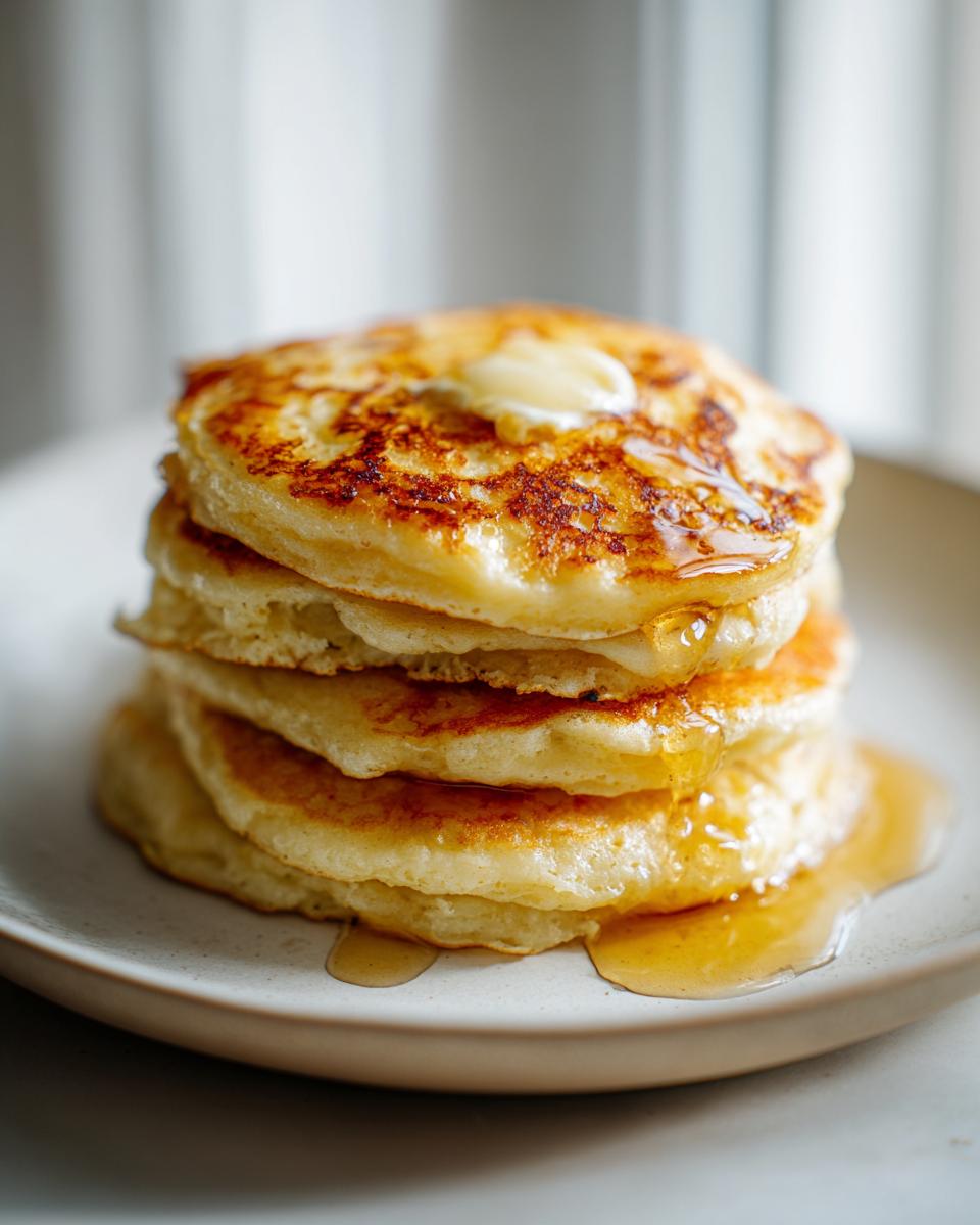 A tall stack of fluffy greek yogurt pancakes topped with melting butter and drizzled with syrup.