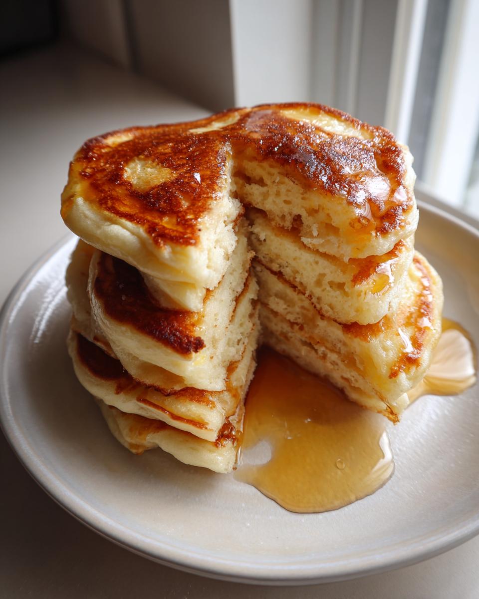 Close-up of a fluffy stack of greek yogurt pancakes, cut open to show the texture, drizzled with maple syrup.