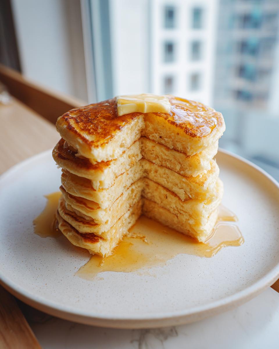 A tall stack of fluffy greek yogurt pancakes with a slice cut out, topped with melting butter and syrup.