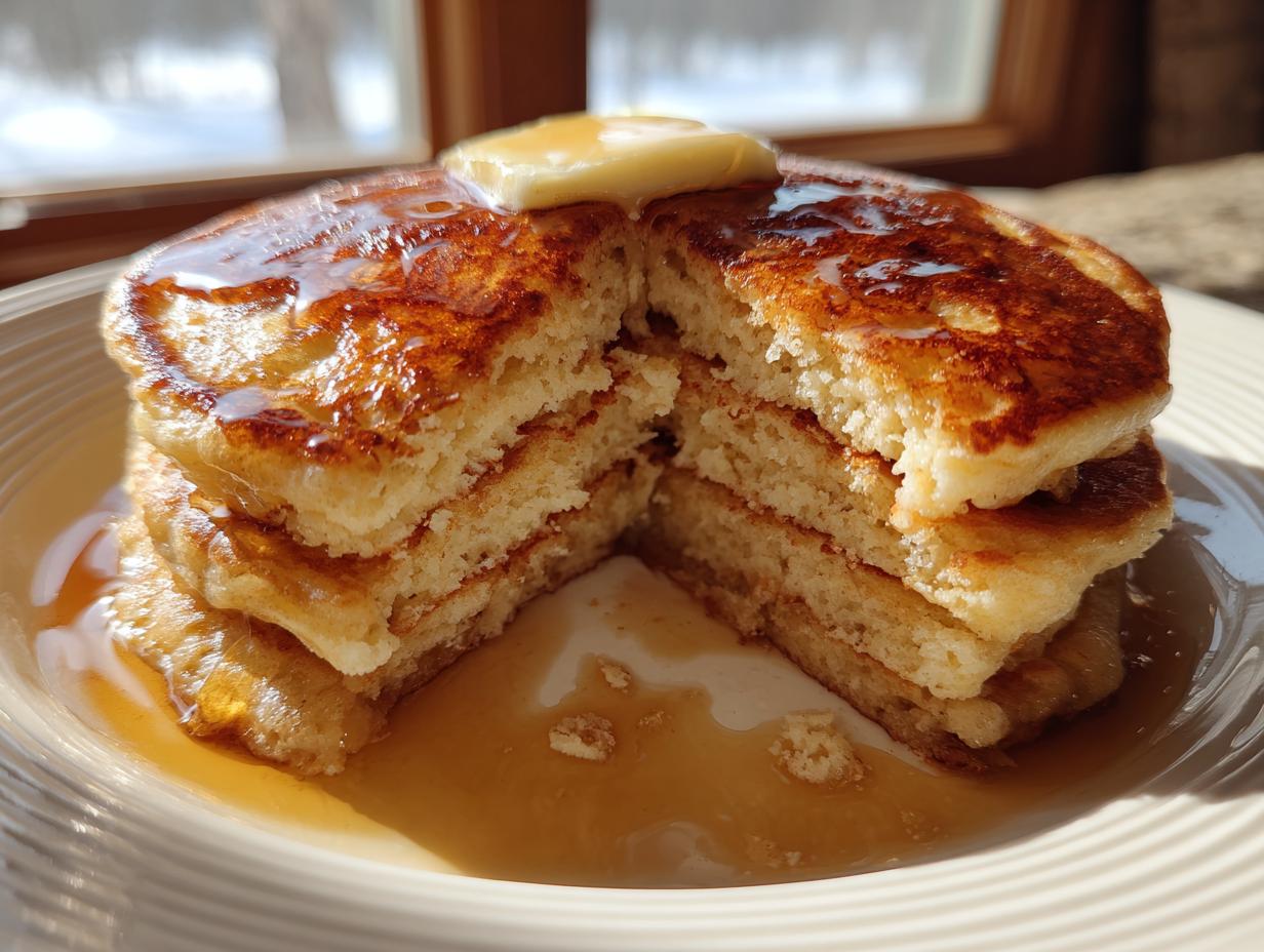 A stack of fluffy greek yogurt pancakes, cut in half to show the texture, topped with melting butter and syrup.
