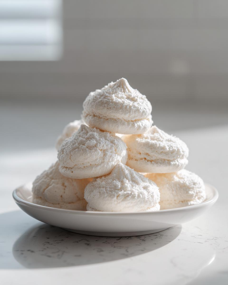 A small white plate piled high with light, fluffy meringue cookies, perfectly capturing the texture of the easy meringue cookies.
