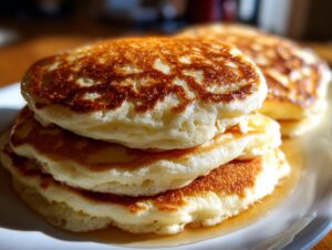 A close-up of a stack of three incredibly fluffy pancakes drizzled with syrup, showcasing their golden brown, porous texture.