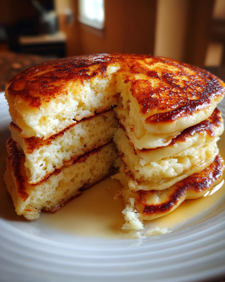Close-up of a tall stack of golden brown, fluffy pancakes with a piece removed, drizzled with syrup.