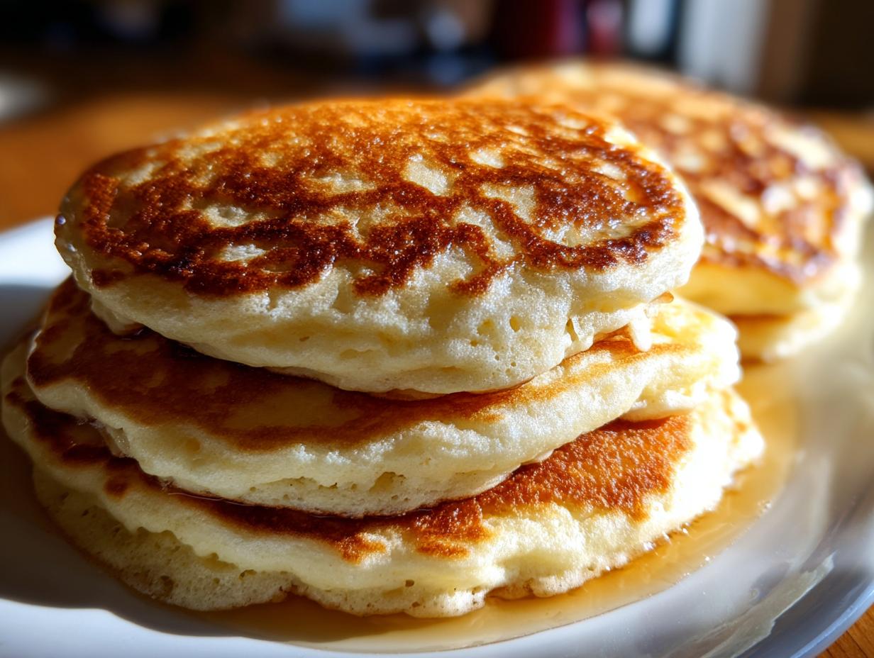 A close-up of a stack of three incredibly fluffy pancakes drizzled with syrup, showcasing their golden brown, porous texture.