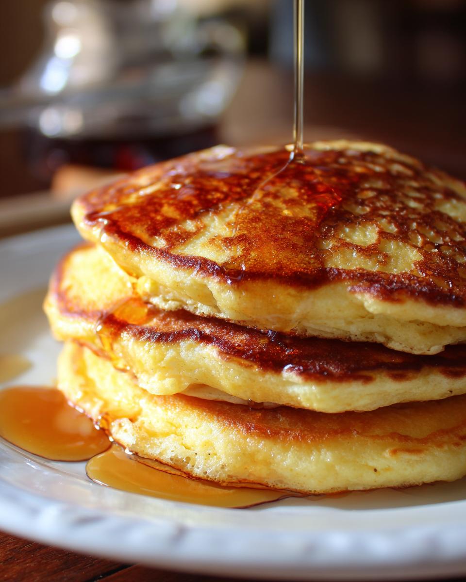 Close-up of a stack of three incredibly fluffy pancakes being drizzled with golden maple syrup.