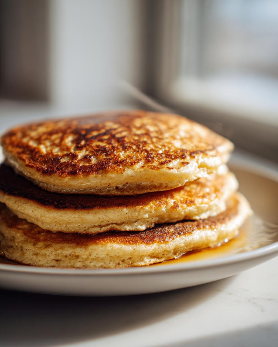 A close-up of a tall stack of three golden-brown sourdough pancakes drizzled with syrup.